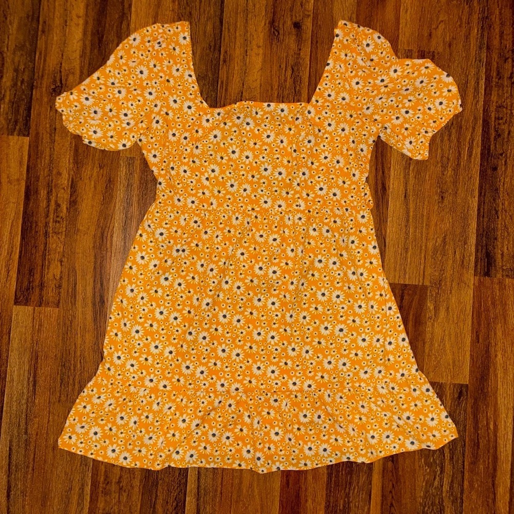 YellowOrange Daisy Floral Puff Sleeve Mini Dress Square Neck Ruffle Hem Summer